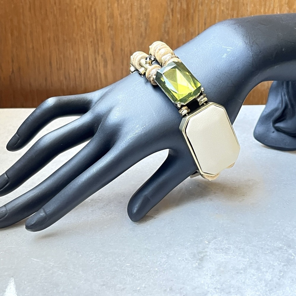 Kenneth Cole New York Green Stone Cream Faux Leather Wood Bead Bracelet NWT